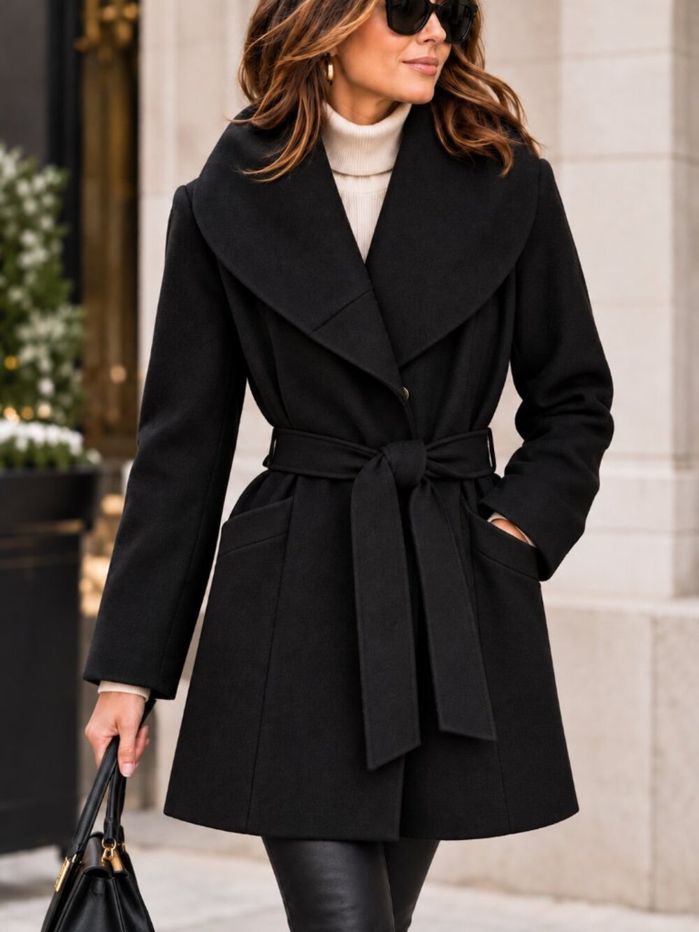 Wool Blend Belted Black Car Coat Oversized Shawl Collar S Minimalist Merona NWOT